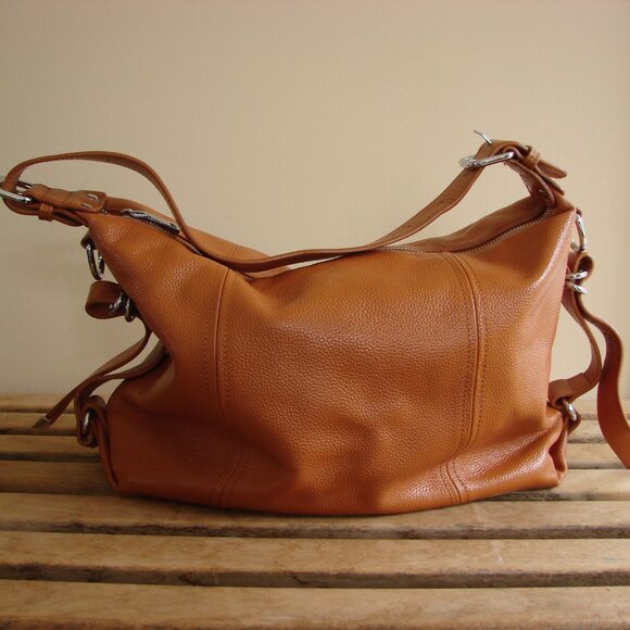 Heshe Genuine Pepple Grain Leather Tote Shoulder Bag Satchel Purse Tan Brown - Picture 9 of 15